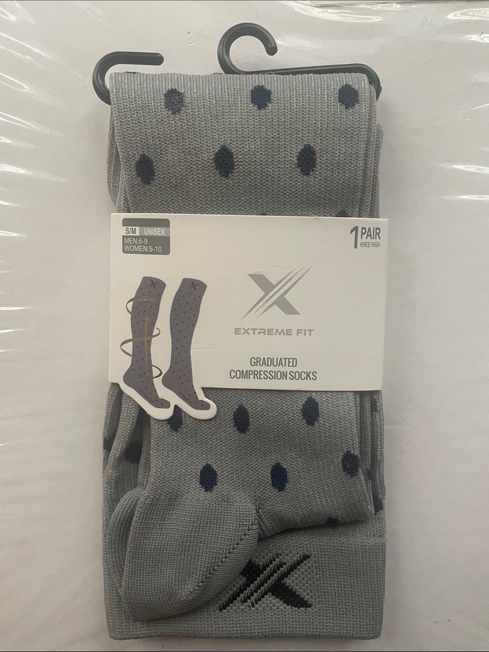 Grey + Navy Polka Dots Compression Socks size S/M 15-20mmHg compression NEW